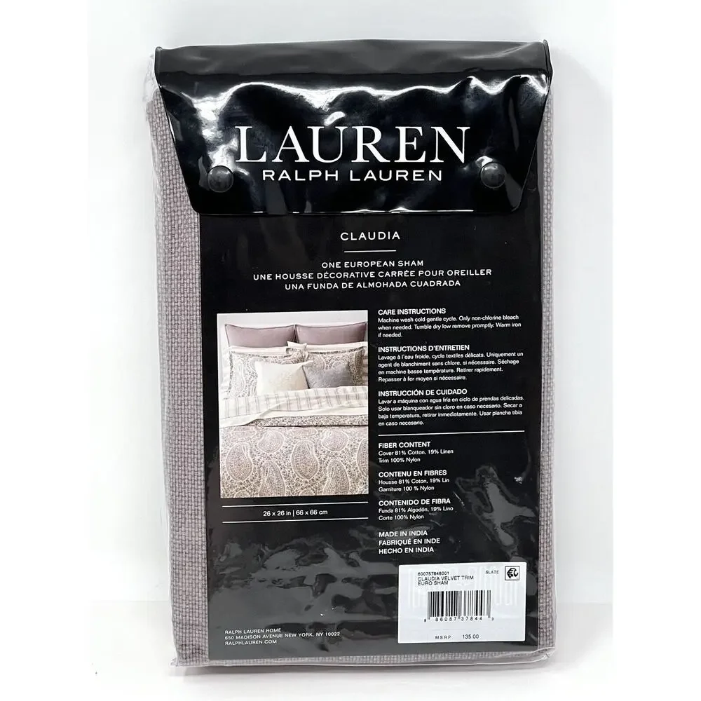 LAUREN Ralph Lauren CLAUDIA VELVET TRIM EURO Pillow SHAM Size 26 X 26